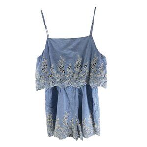 Hyfve Blue & White Striped Summer Romper Embroidered Floral Eyelet Size M